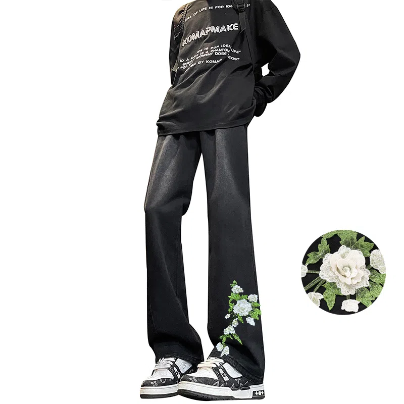 【万针刺绣立体花卉】布客行 重工美式复古水洗直筒基础款高街舒适亲肤透气休闲百搭微喇纯色长裤显高显瘦显腿长弹力牛仔裤 男女同款