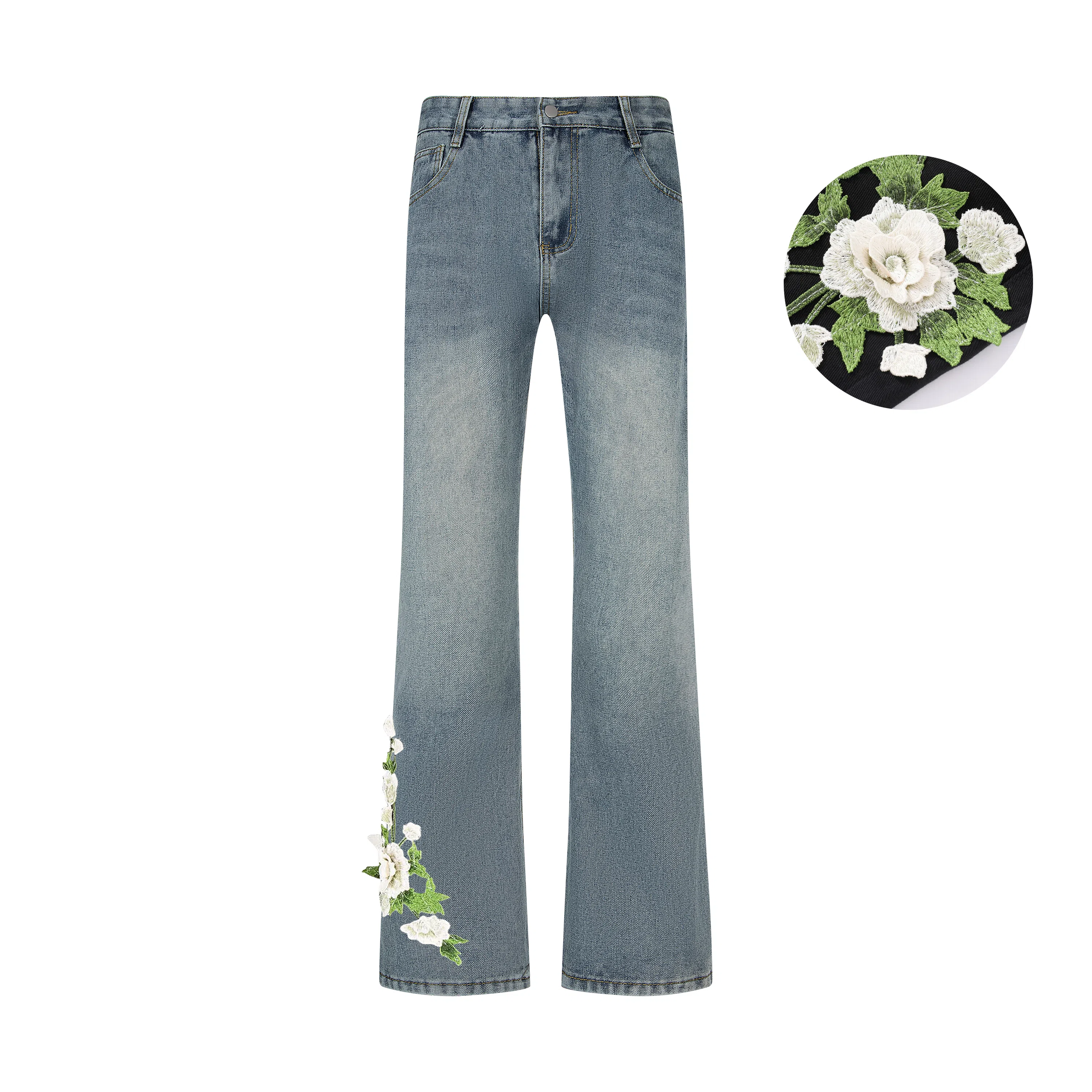 【万针刺绣3D立体浮雕】布客行 显腿长显高显瘦重工美式复古水洗直筒基础款花卉透气高街舒适亲肤休闲百搭微喇纯色长裤牛仔裤 男女同款