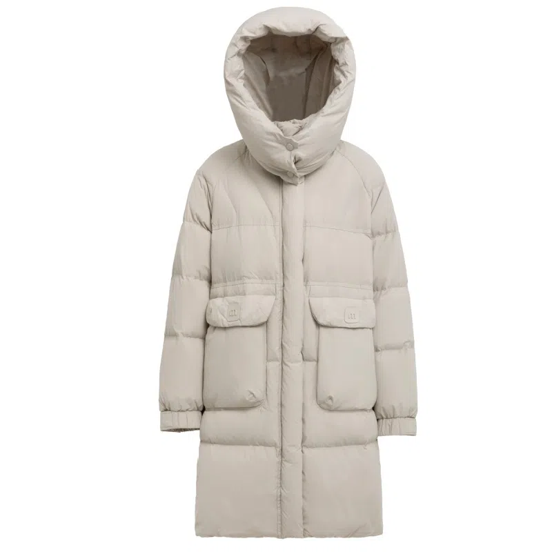 鸭鸭 时尚纯色口袋连帽中长款羽绒服 女款