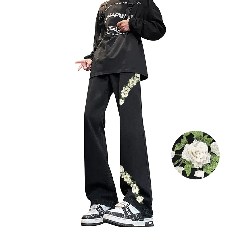 【万针刺绣3D立体花卉】布客行 重工美式复古水洗直筒基础款高街舒适亲肤透气休闲百搭微喇纯色长裤显高显瘦显腿长弹力牛仔裤 男女同款