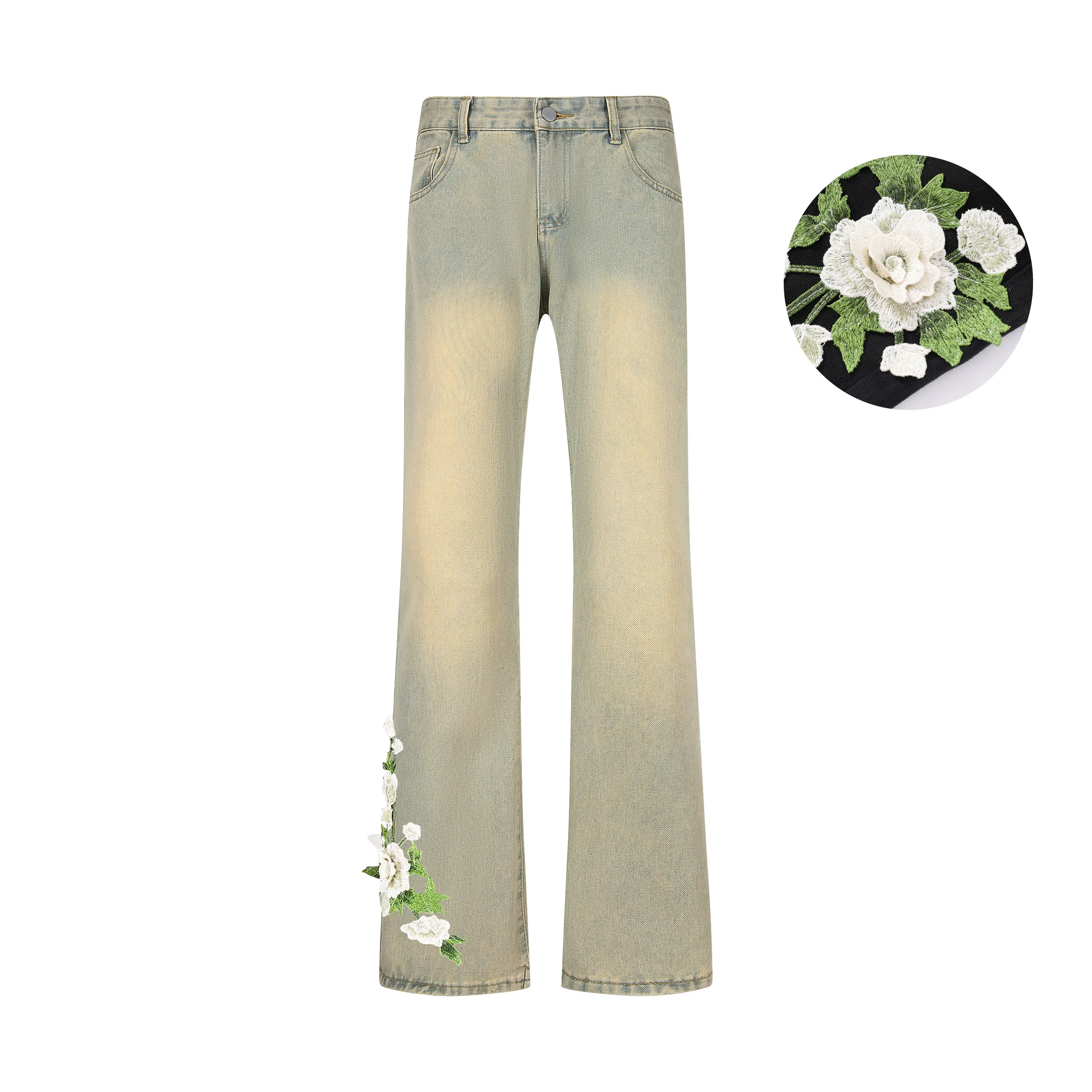 【万针刺绣3D立体浮雕】布客行 显腿长显高显瘦重工美式复古水洗直筒基础款花卉透气高街舒适亲肤休闲百搭微喇纯色长裤牛仔裤 男女同款