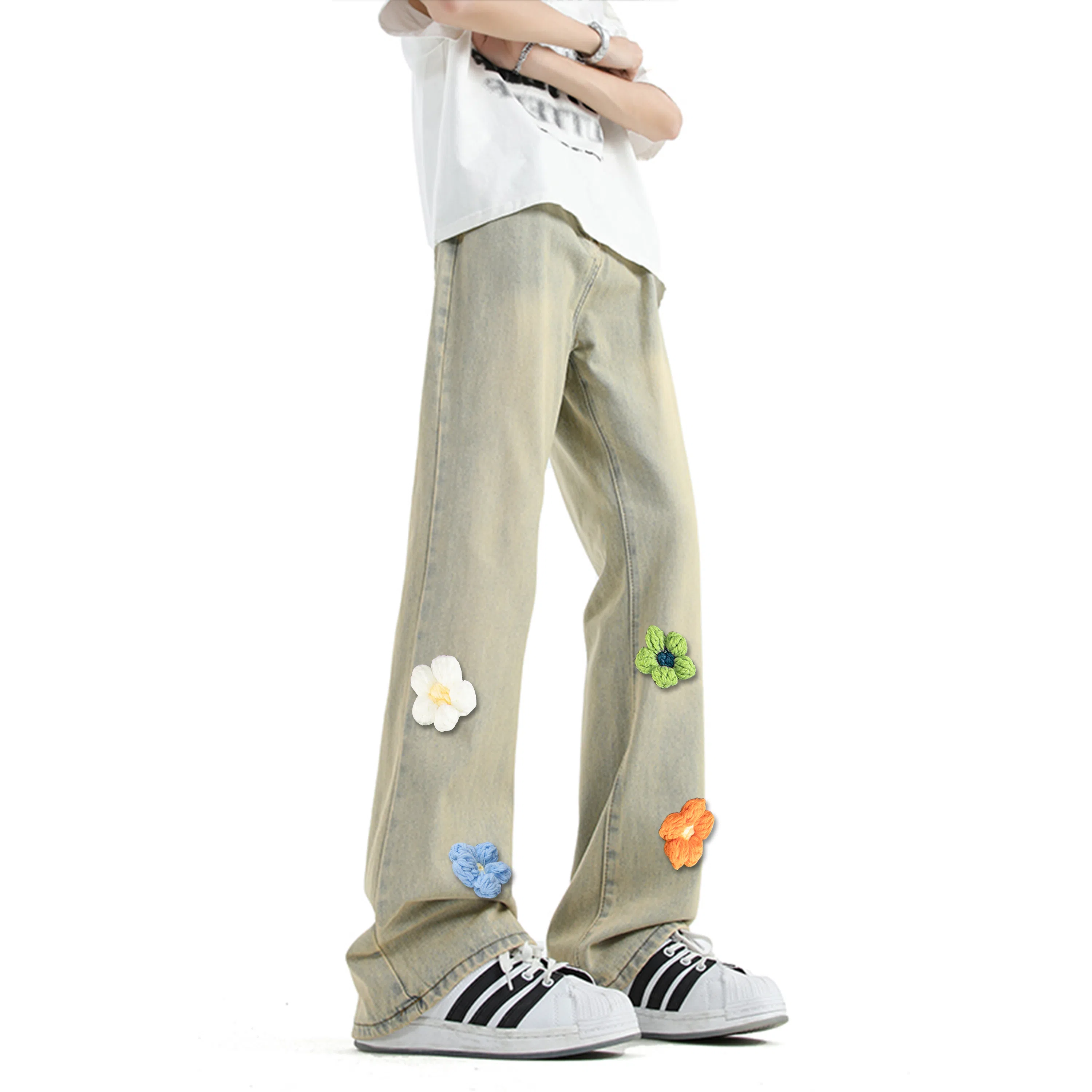 【3D立体线绒刺绣】布客行 美式高街微喇修身显高显腿长潮牌花卉休闲百搭长裤子复古水洗做旧文艺风通勤弯刀弹力牛仔裤 男女同款