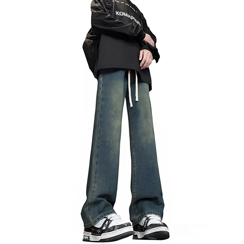 【巴黎柳叶弯刀裤】布客行 美式复古水洗直筒基础款高街舒适亲肤透气休闲百搭微喇纯色长裤显高显瘦显腿长弹力抽绳松紧腰牛仔裤 男女同款