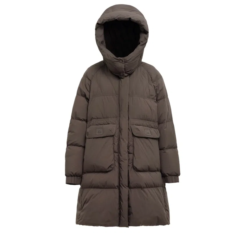 鸭鸭 时尚纯色口袋连帽中长款羽绒服 女款