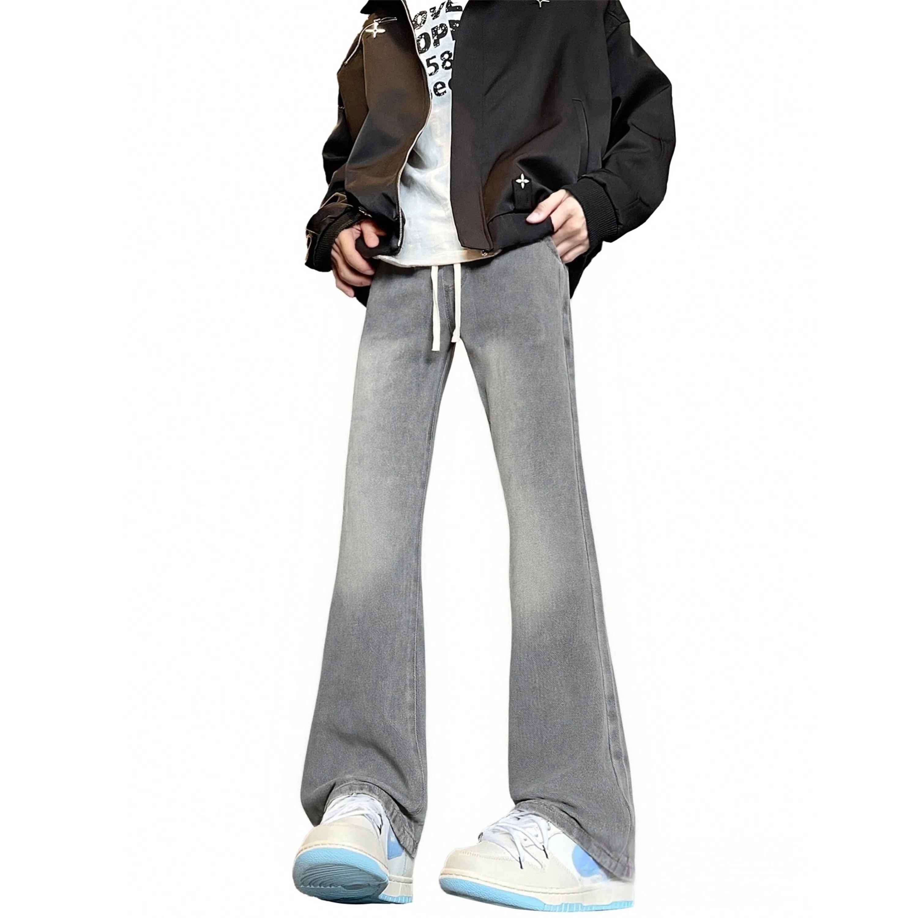 【巴黎柳叶弯刀裤】布客行 美式复古水洗直筒基础款高街舒适亲肤透气休闲百搭微喇纯色长裤显高显瘦显腿长弹力抽绳松紧腰牛仔裤 男女同款