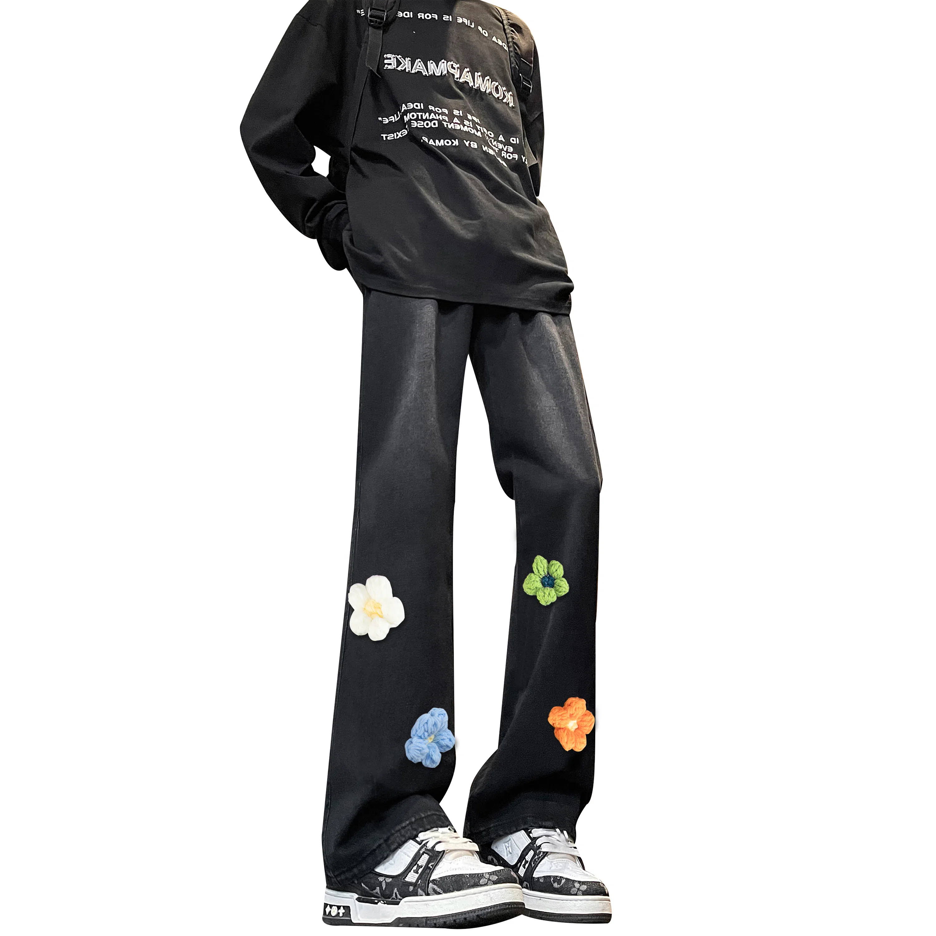 【3D立体线绒刺绣】布客行 美式高街微喇修身显高显腿长潮牌花卉休闲百搭长裤子复古水洗做旧文艺风通勤弯刀弹力牛仔裤 男女同款