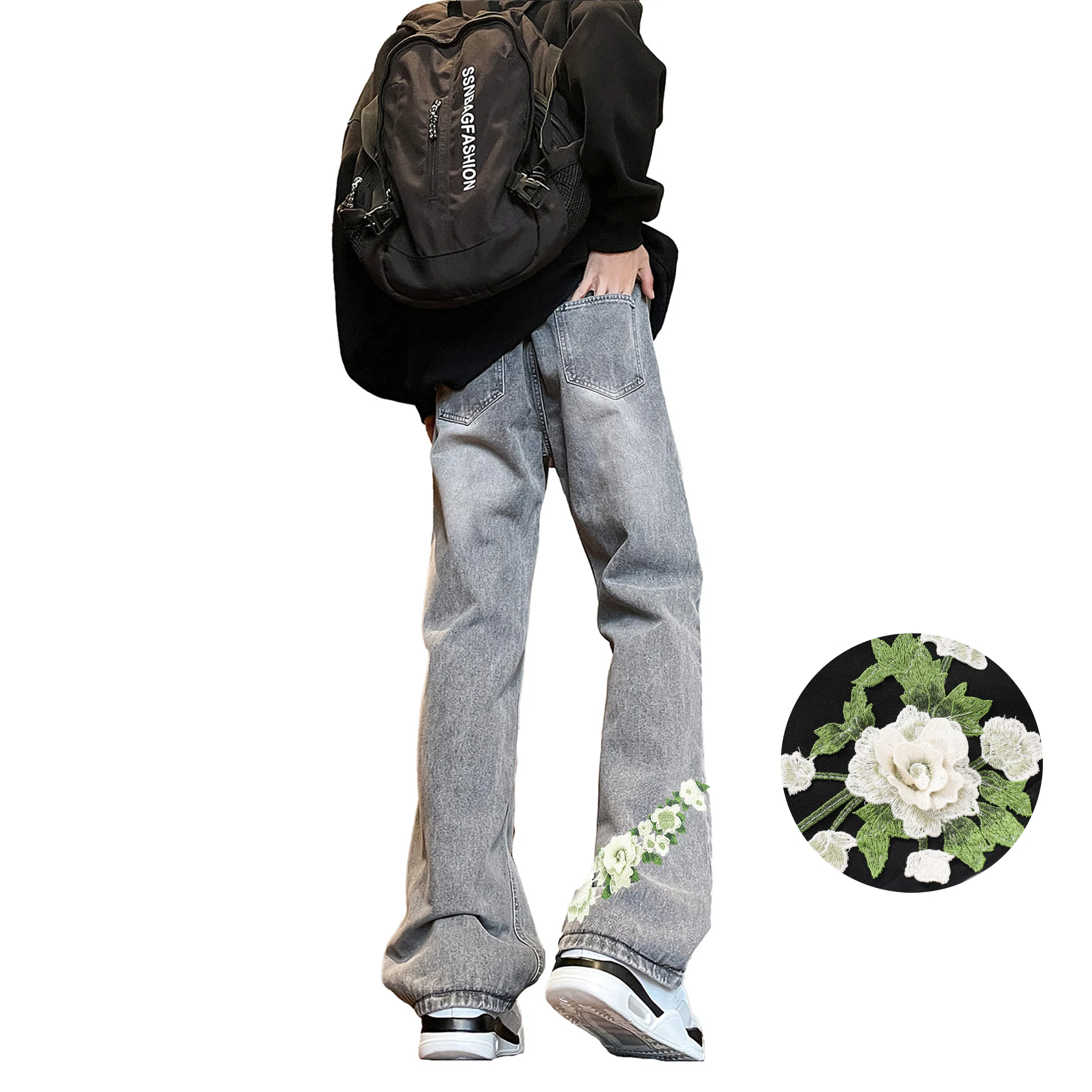 【万针刺绣3D立体浮雕】布客行 显腿长显高显瘦重工美式复古水洗直筒花卉透气高街舒适亲肤休闲百搭微喇长裤文艺风基础款牛仔裤 男女同款