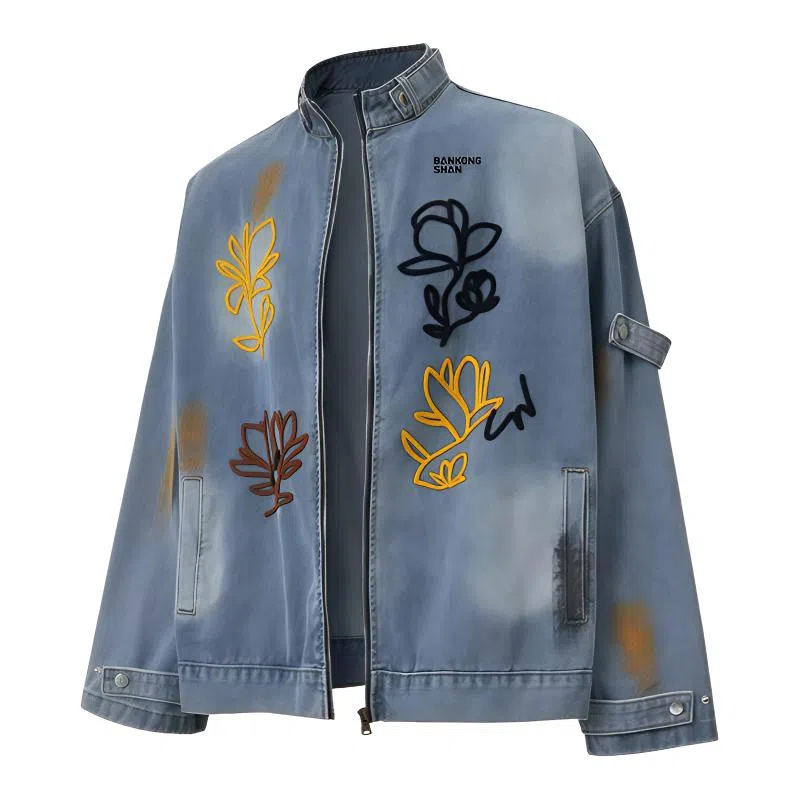 半空山 美式复古高街花卉贴布毛巾刺绣原宿风个性小众设计感潮流时尚百搭宽松舒适半高棒球领牛仔外套 男女同款