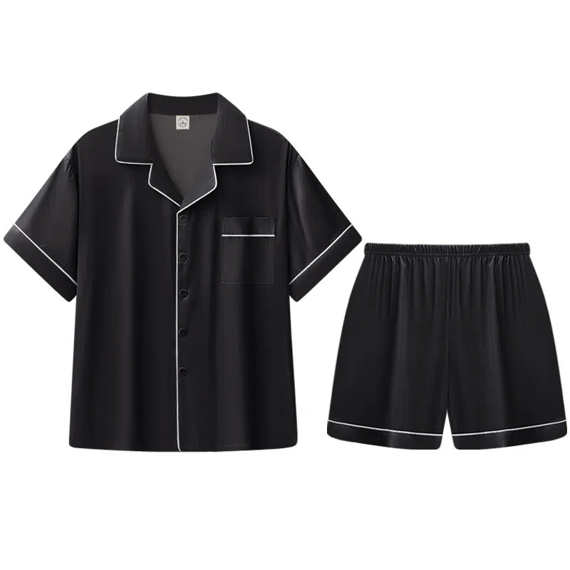 兰缪 简约凉感休闲可外穿短袖翻领上衣松紧腰短裤睡衣套装 男款 高级黑