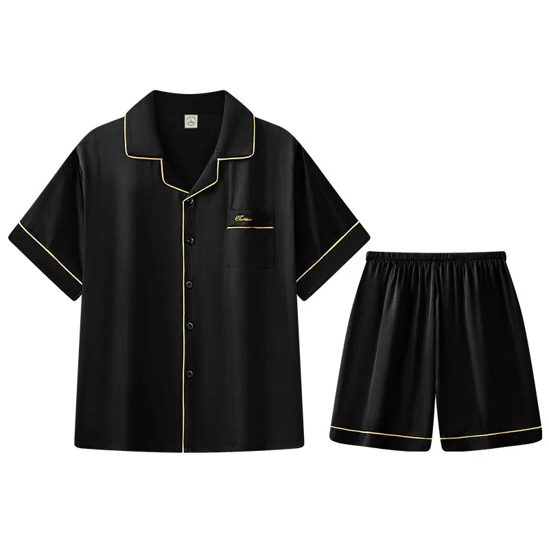 兰缪 简约凉感休闲可外穿短袖翻领上衣松紧腰短裤睡衣套装 男款 高级黑
