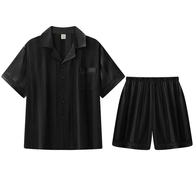 兰缪 简约凉感休闲可外穿短袖翻领上衣松紧腰短裤睡衣套装 男款 高级黑