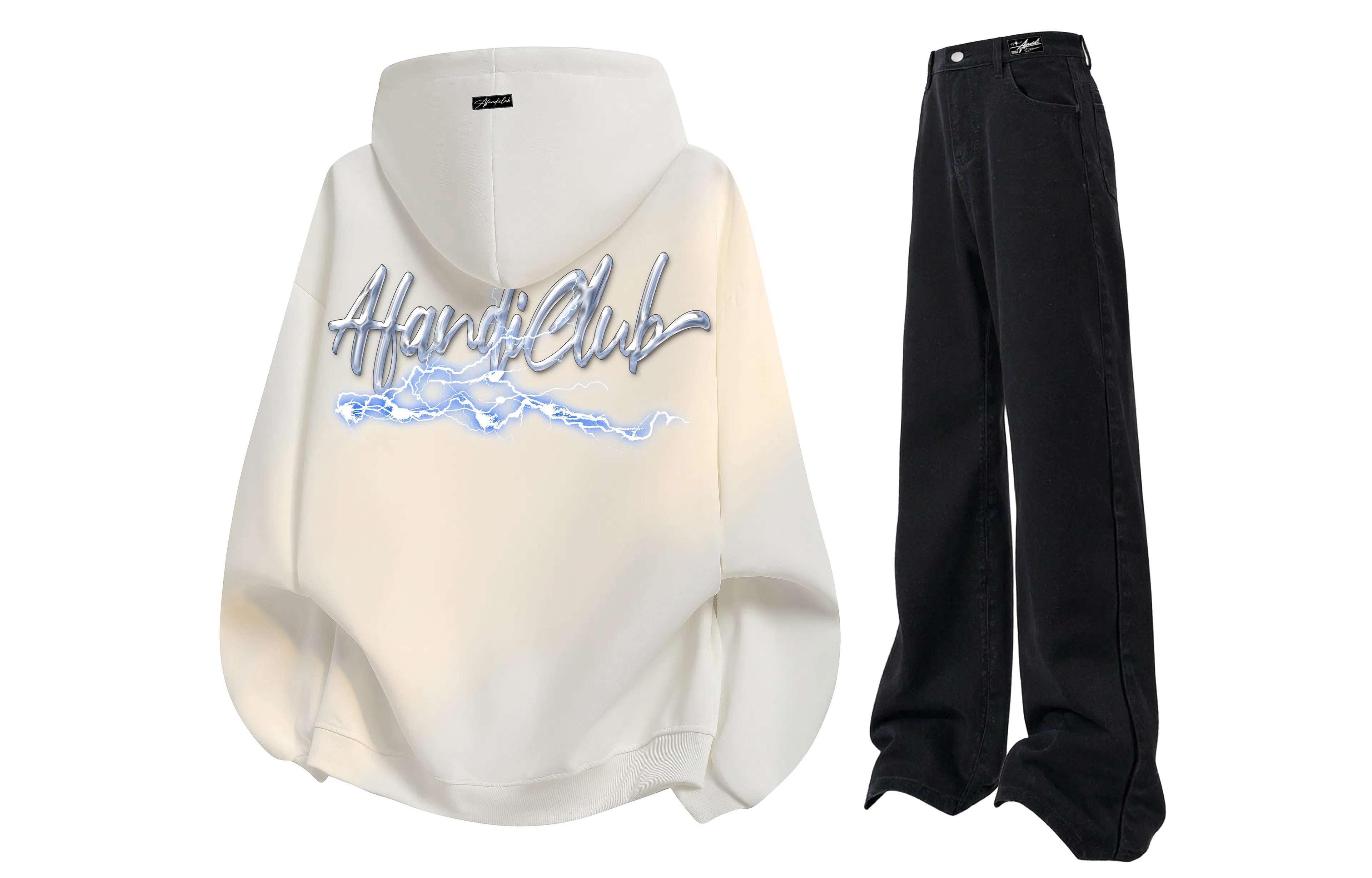 阿凡迪 美式复古街头个性创意设计幻影闪电涂鸦字母潮牌印花宽松舒适百搭时尚潮流通勤连帽长袖卫衣中腰直筒牛仔裤休闲运动套装 男女同款