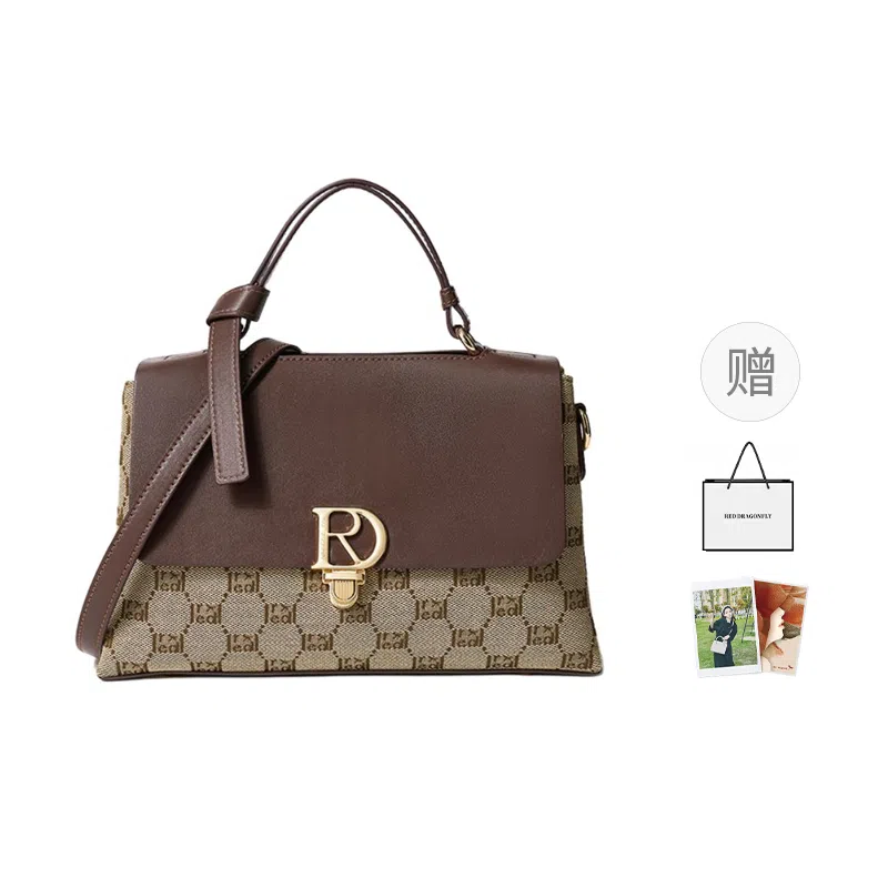 红蜻蜓 经典复古拼接简约高级感 字母小众设计百搭 织物 女包手提斜挎单肩包 春夏季 中号 女款 咖啡色/棕色