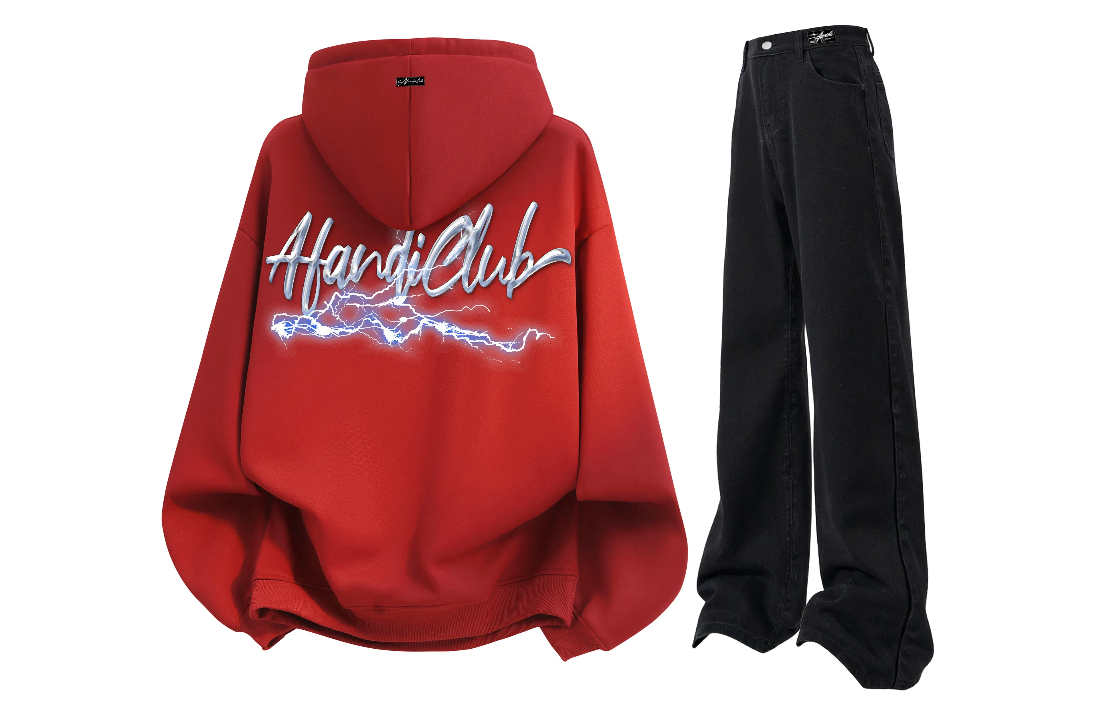 阿凡迪 美式复古街头个性创意设计幻影闪电涂鸦字母潮牌印花宽松舒适百搭时尚潮流通勤连帽长袖卫衣中腰直筒牛仔裤休闲运动套装 男女同款