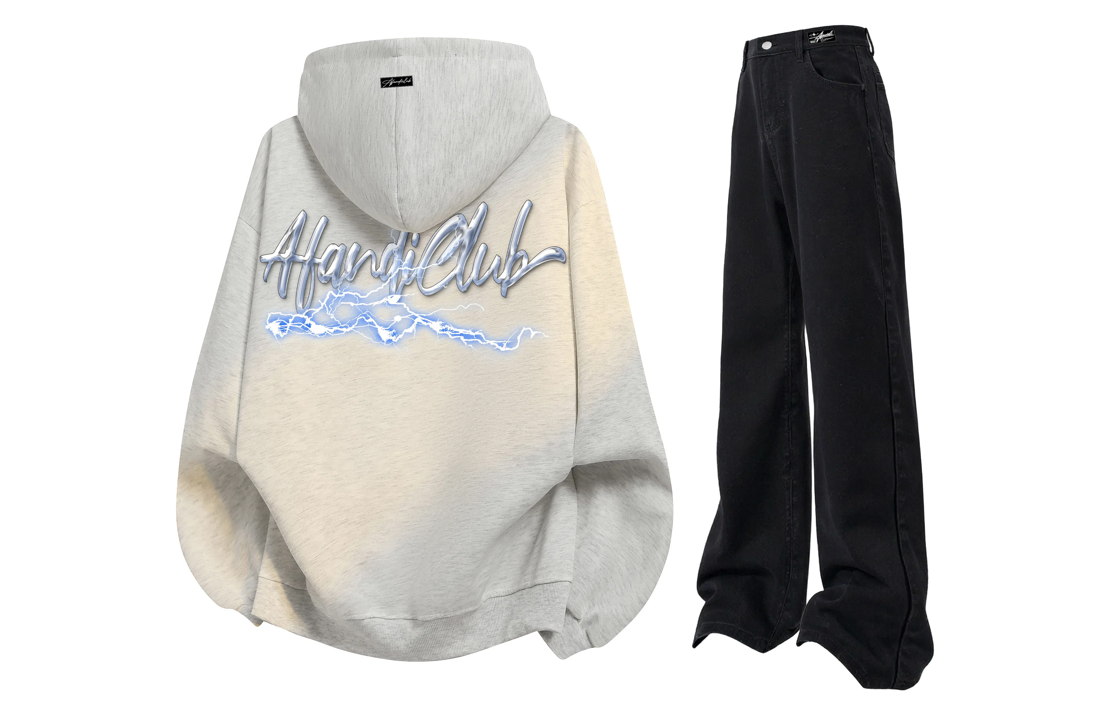 阿凡迪 美式复古街头个性创意设计幻影闪电涂鸦字母潮牌印花宽松舒适百搭时尚潮流通勤连帽长袖卫衣中腰直筒牛仔裤休闲运动套装 男女同款