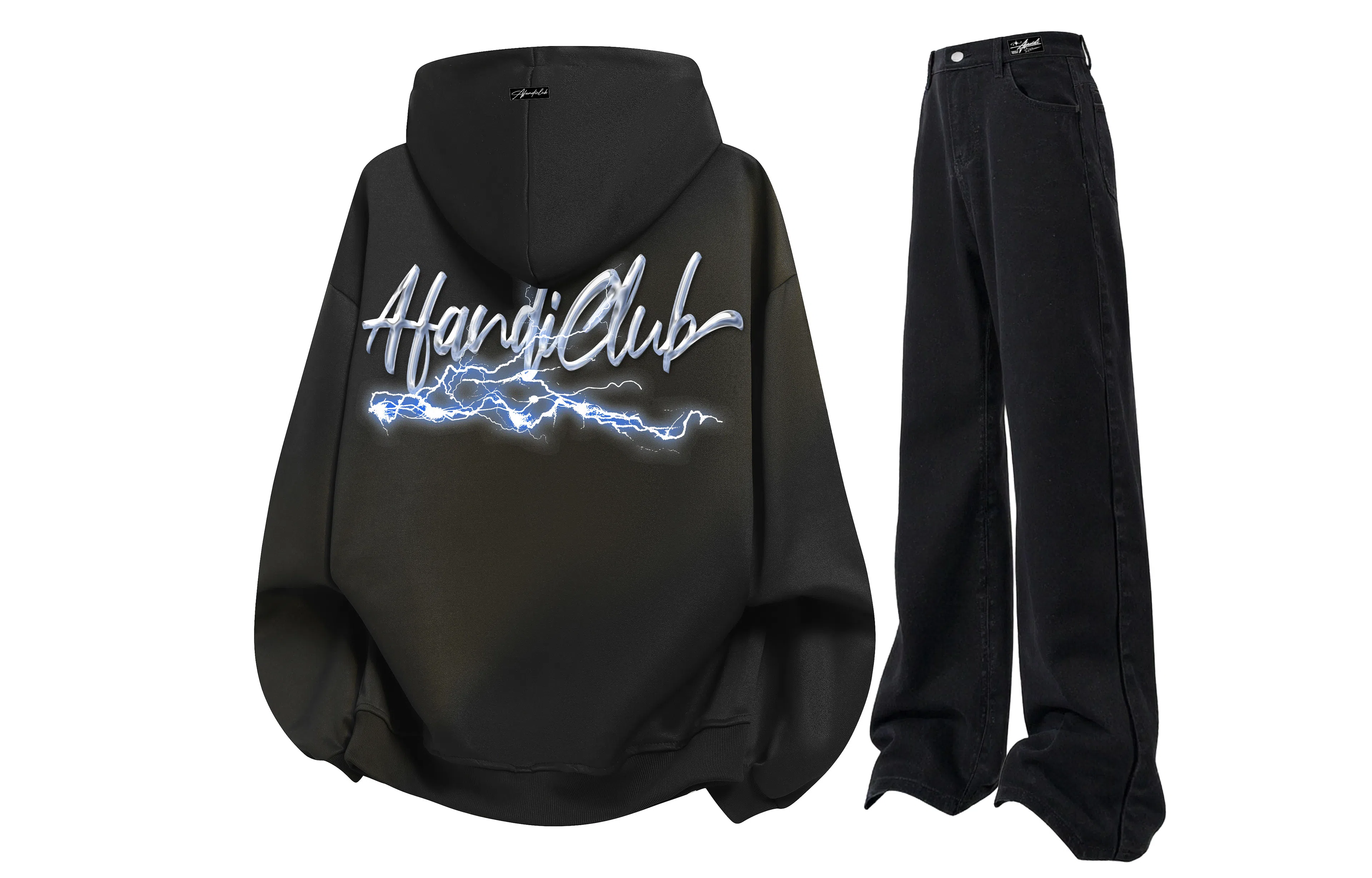 阿凡迪 美式复古街头个性创意设计幻影闪电涂鸦字母潮牌印花宽松舒适百搭时尚潮流通勤连帽长袖卫衣中腰直筒牛仔裤休闲运动套装 男女同款