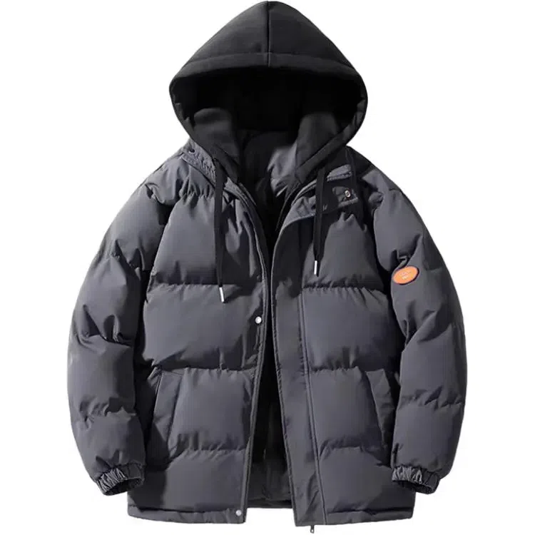 基础款纯色假两件加绒加厚保暖休闲短款连帽棉衣外套棉服 男款