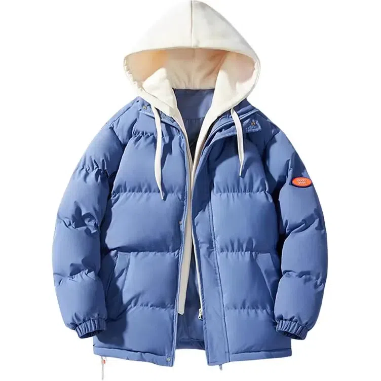 基础款纯色假两件加绒加厚保暖休闲短款连帽棉衣外套棉服 男款