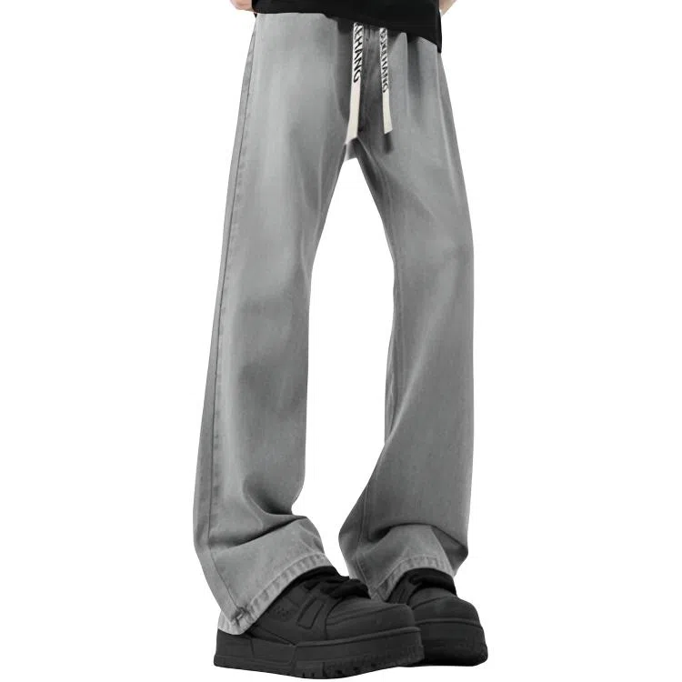 布客行 美式复古废土风水洗直筒修身基础款高街透气舒适亲肤休闲百搭微喇弯刀纯色抽绳弹力长裤牛仔裤 男女同款