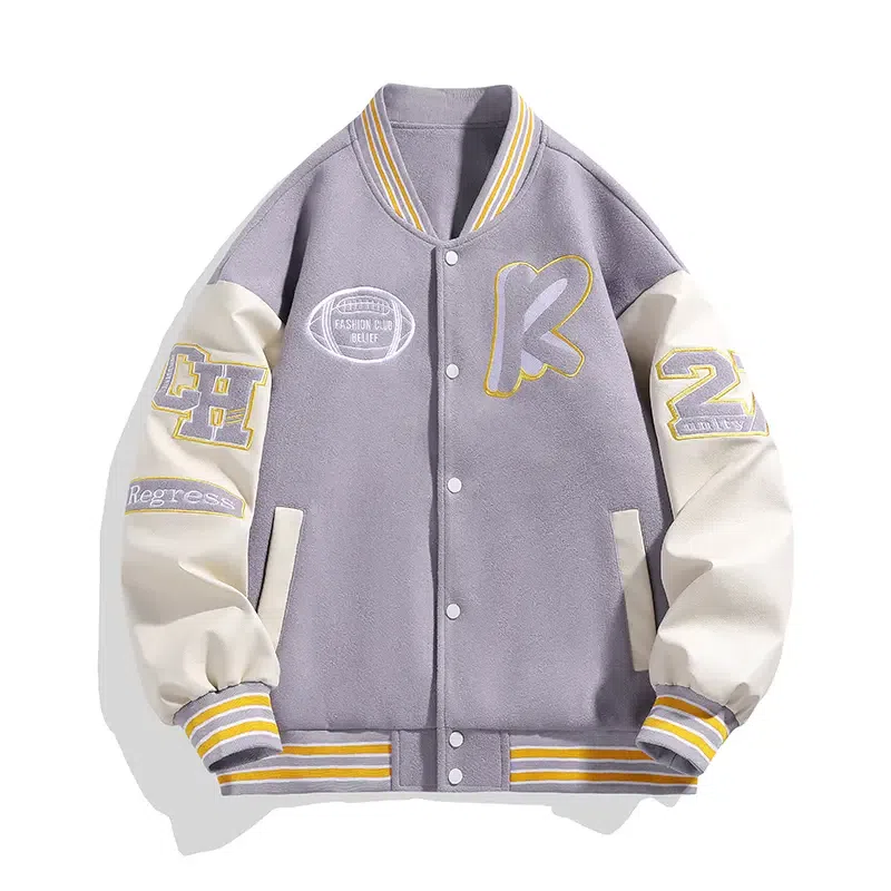 美式高街个性潮流字母刺绣拼接百搭宽松学院风外套棒球服 男女同款