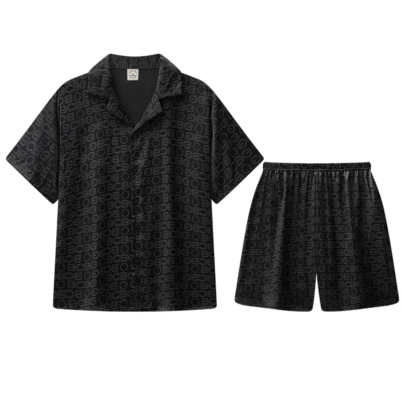 兰缪 简约凉感休闲可外穿短袖翻领上衣松紧腰短裤睡衣套装 男款 高级黑