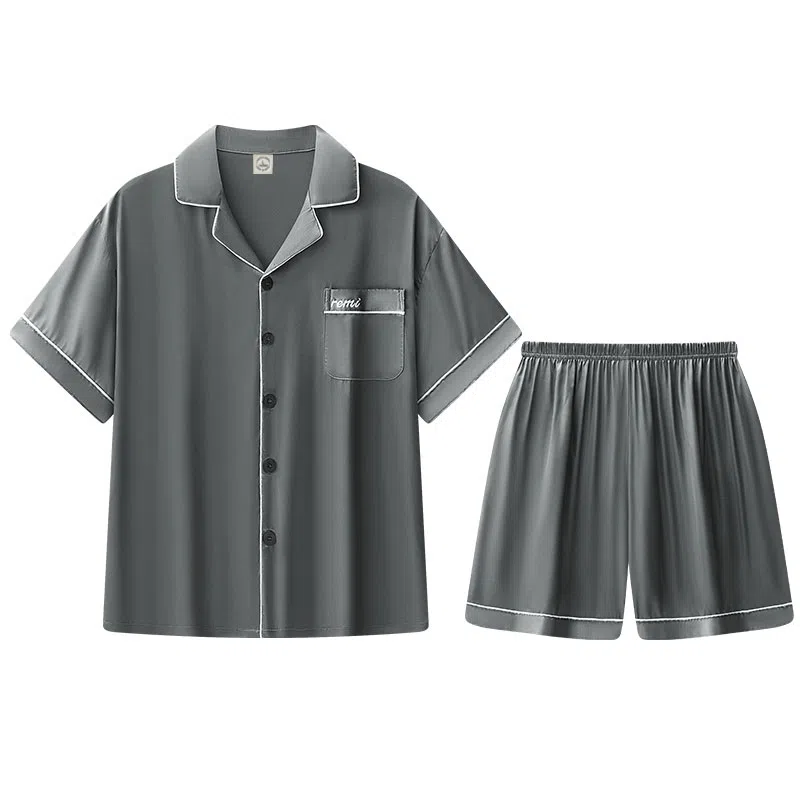 兰缪 简约凉感休闲可外穿短袖翻领上衣松紧腰短裤睡衣套装 男款 高级黑