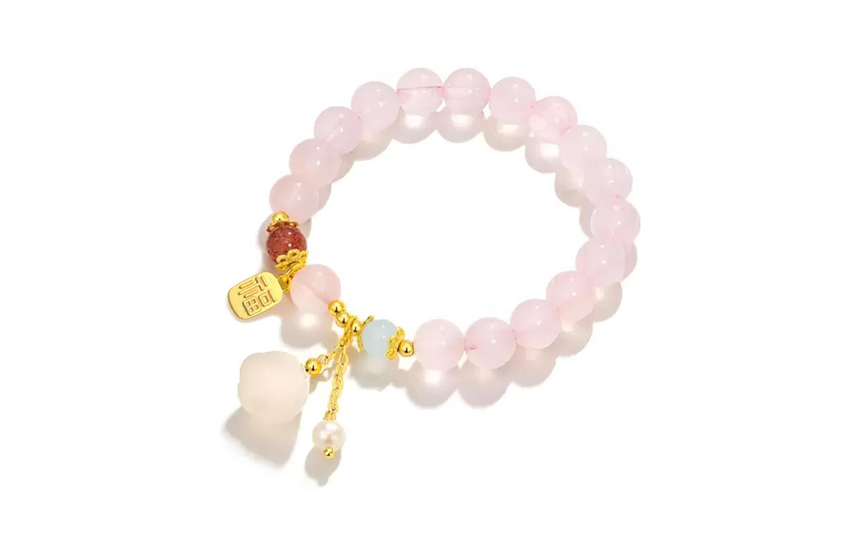 百利金 好运莲莲 国潮复古新中式平安纳福大吉大利小众设计精致轻奢温柔气质转运珠 粉水晶 手串 男女同款情侣款