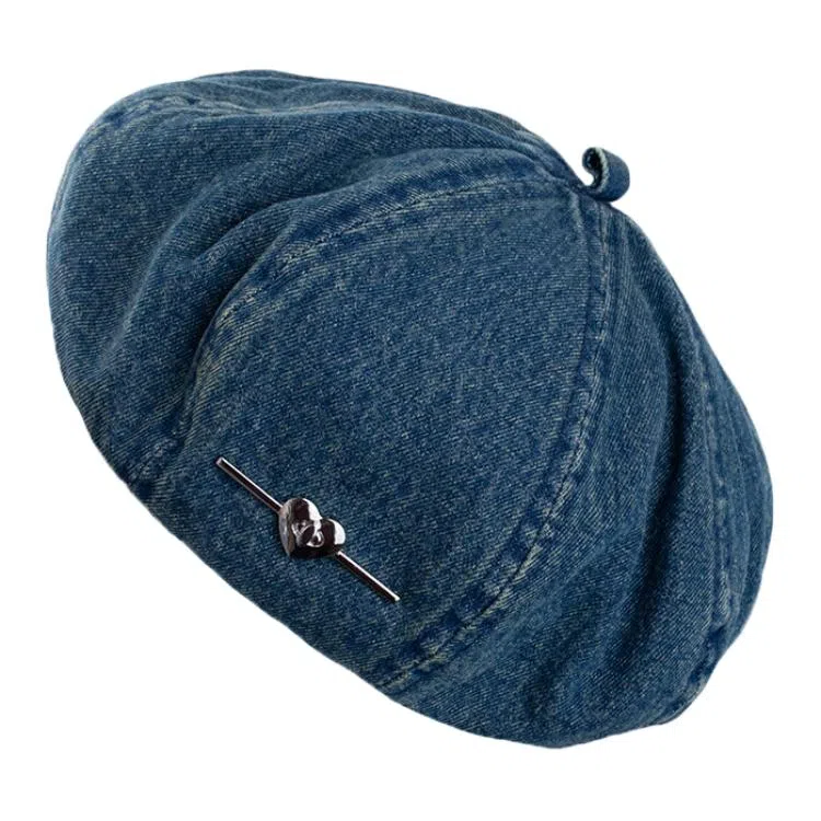祎步康 爱心水洗帽薄款透气八角画家帽大头围显脸小帽子 牛仔布 贝雷帽 女款
