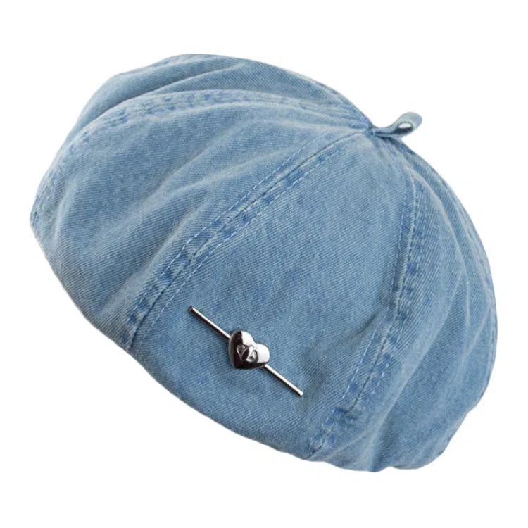 祎步康 爱心水洗帽薄款透气八角画家帽大头围显脸小帽子 牛仔布 贝雷帽 女款