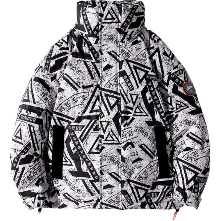 鸭鸭 几何图案印花满印立领滴塑标设计休闲宽松工装运动加厚保暖羽绒服 男款 花米色