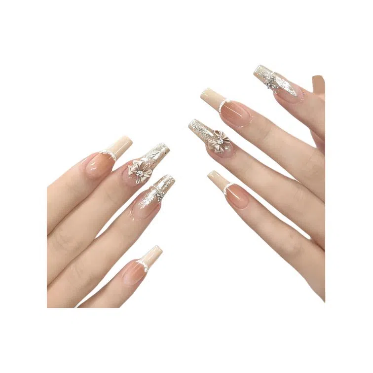 柚予颜 手工穿戴甲高级感千金法式水钻蝴蝶结珍珠链美甲  梯型裸色晕染 纯欲