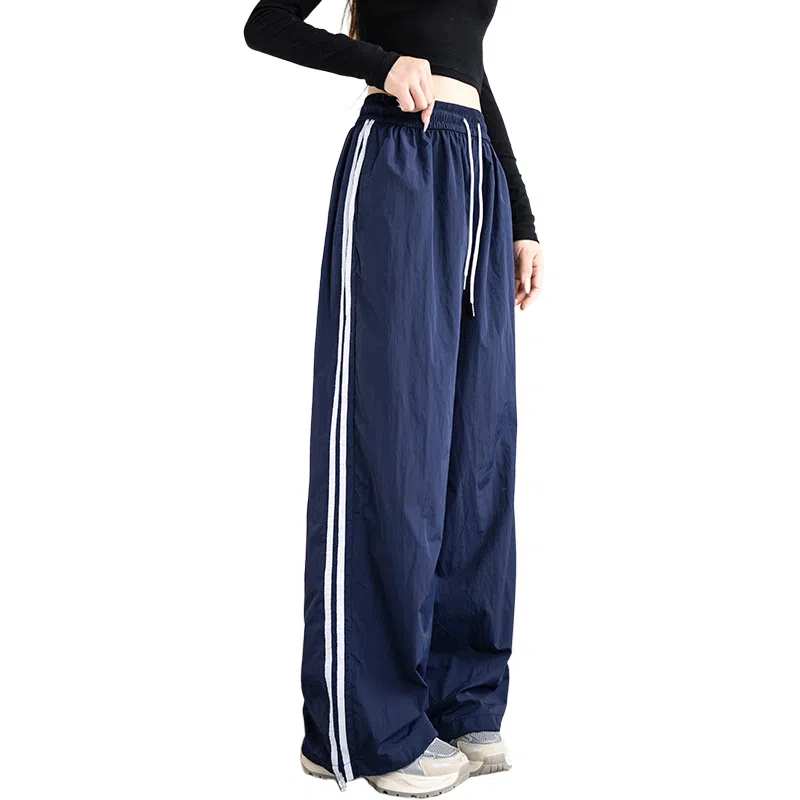 木清清 夏季侧边条纹薄款高腰宽松冰丝速干美式直筒阔腿休闲裤 女款