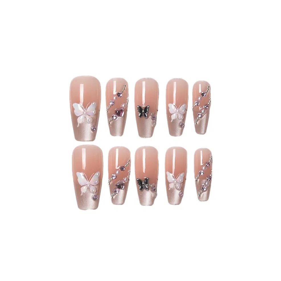 柚予颜 蝴蝶穿戴甲猫眼长款法式镶钻指甲高级感美甲  梯型裸色晕染 纯欲