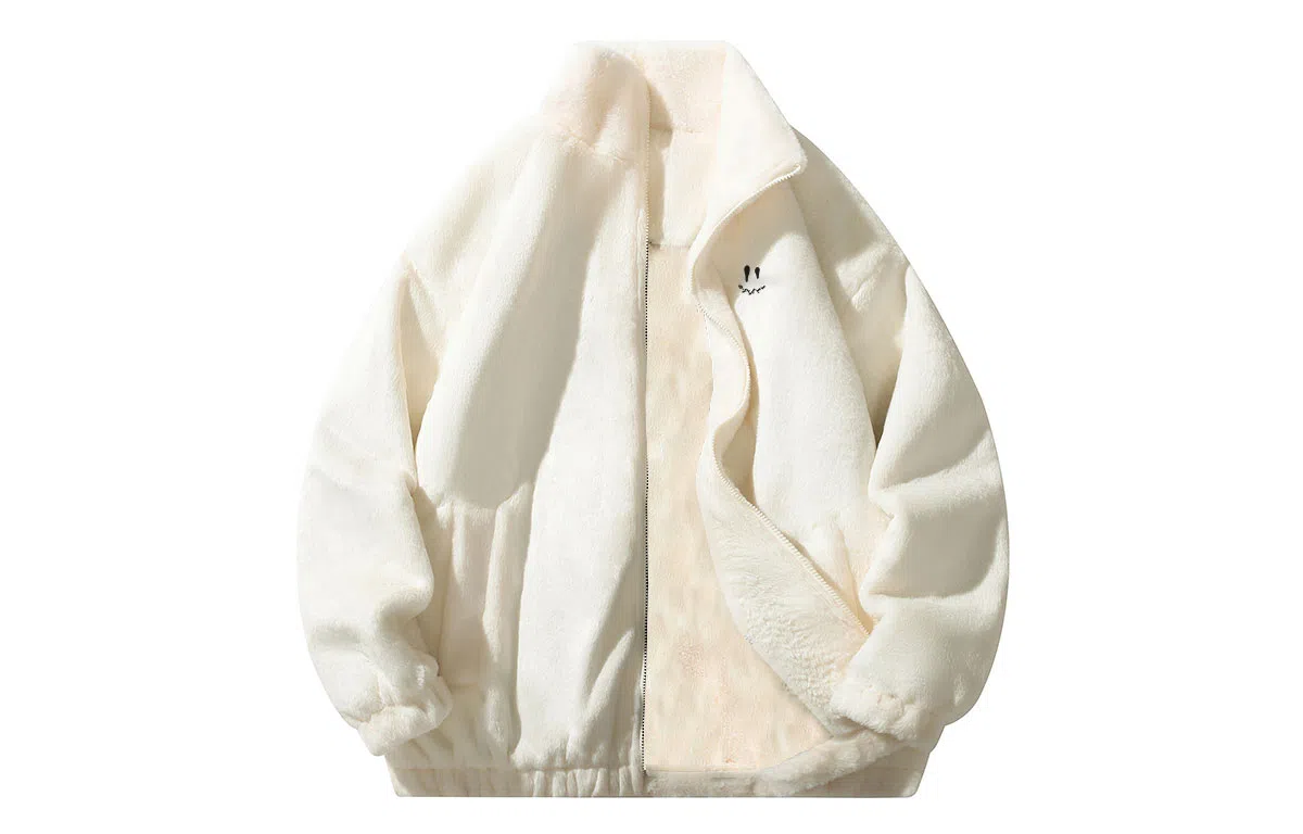 Qnxeey Vintage Embroidered Smile Fleece Jacket