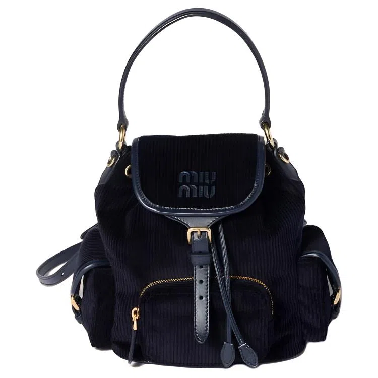Miu Miu Leather Logo Corduroy Backpack Medium Blue