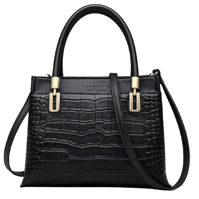 老人头 大气时尚百搭通勤 牛皮革拼超纤 斜挎包单肩包 女款 黑色