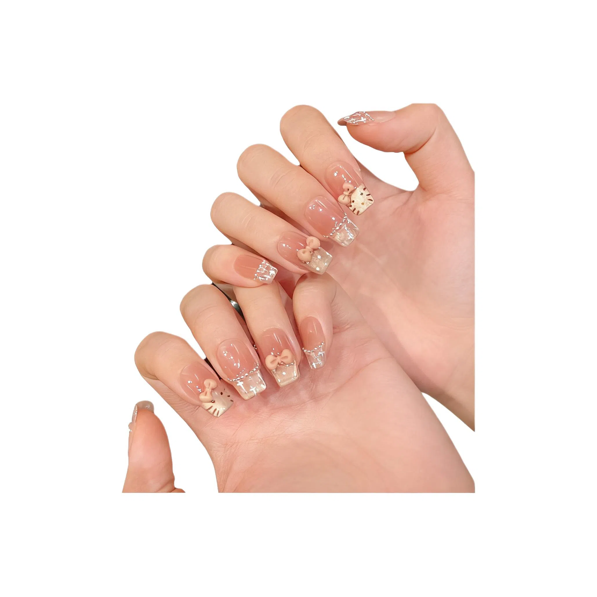 柚予颜 甜心猫咪腮红法式猫眼蝴蝶结甜美  穿戴甲 中长款裸粉色晕染 可爱