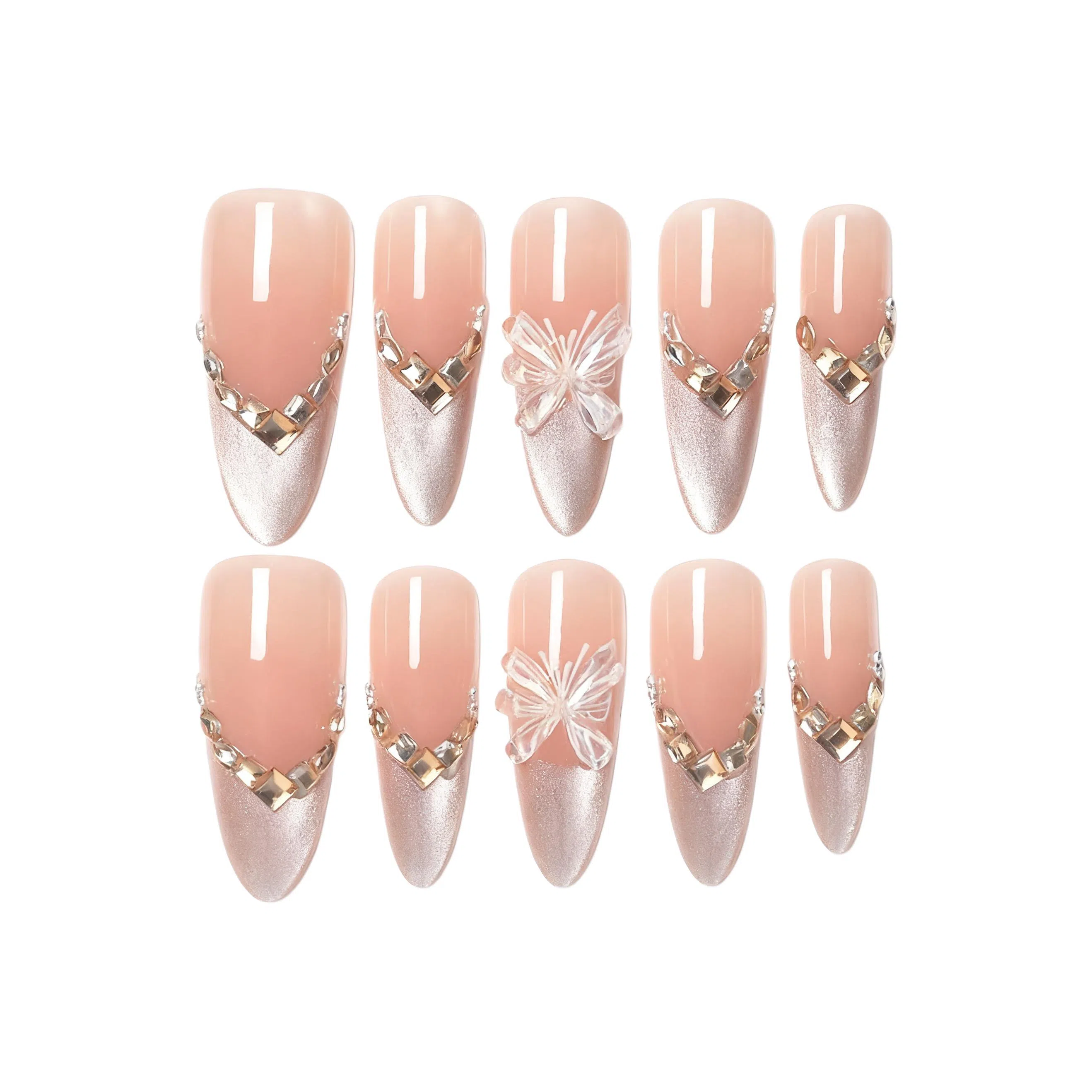 柚予颜 蝴蝶法式猫眼温柔气质镶钻穿戴甲  杏仁裸粉色渐变 纯欲