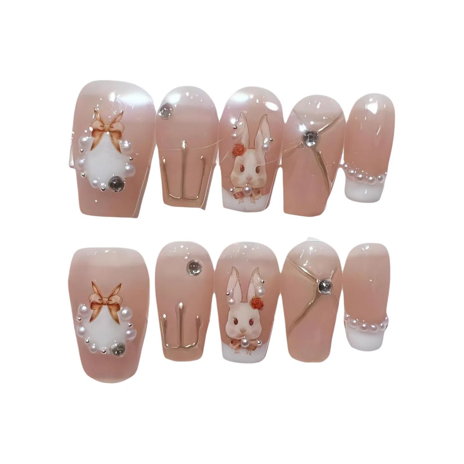 几多萌 穿戴甲假指甲贴片兔子美甲洛可可兔可拆卸  短梯粉色腮红晕染