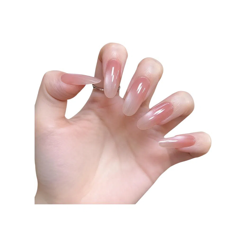 柚予颜 手工穿戴甲高级感渐变玻璃珠猫眼温柔美甲  椭圆裸粉晕染 纯欲