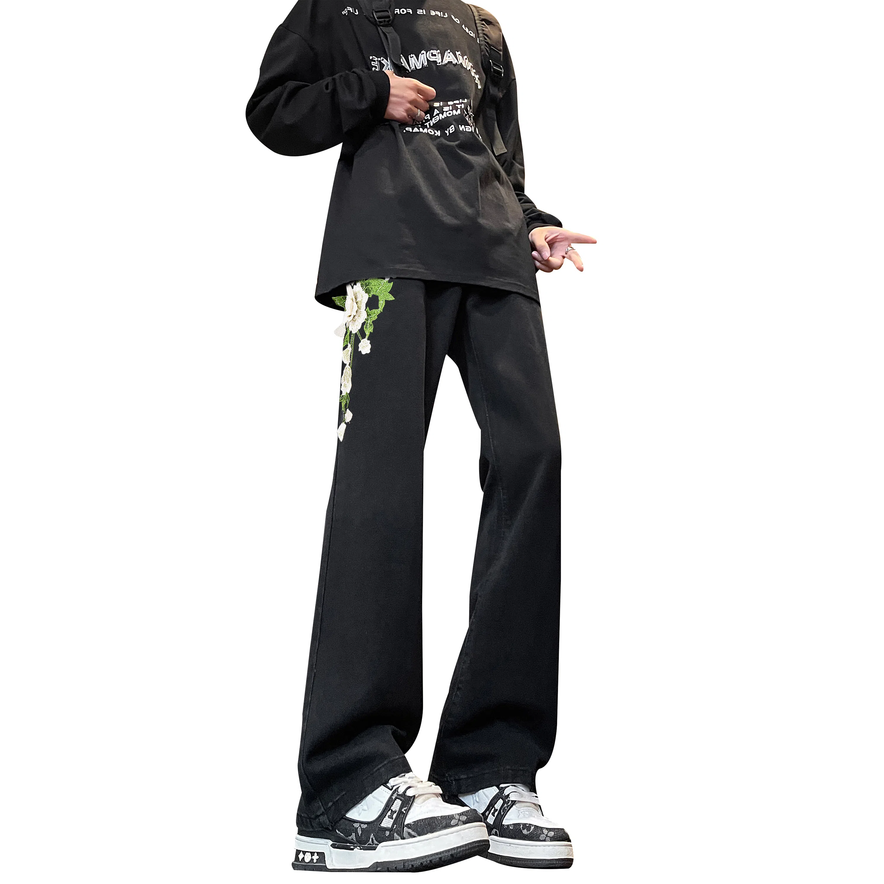 【万针刺绣3D立体浮雕】布客行 显腿长显高显瘦重工美式复古水洗直筒基础款文艺风花卉透气高街舒适亲肤休闲百搭微喇长裤牛仔裤 男女同款