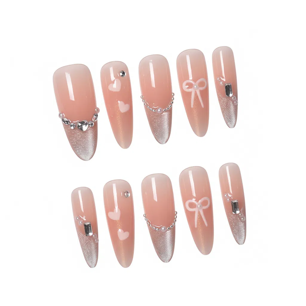 柚予颜 法式猫眼渐变极光手绘爱心蝴蝶结穿戴甲  杏仁粉色晕染 纯欲