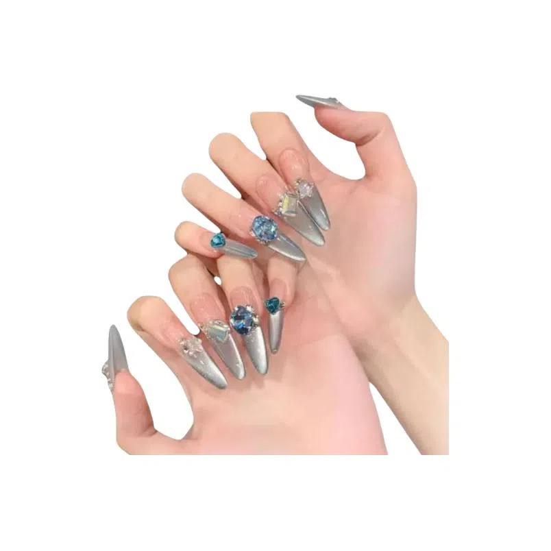 柚予颜 海蓝宝多瑙河  穿戴甲 长款蓝色渐变 纯欲 纯手工 法式侧光猫眼小碎钻爆闪