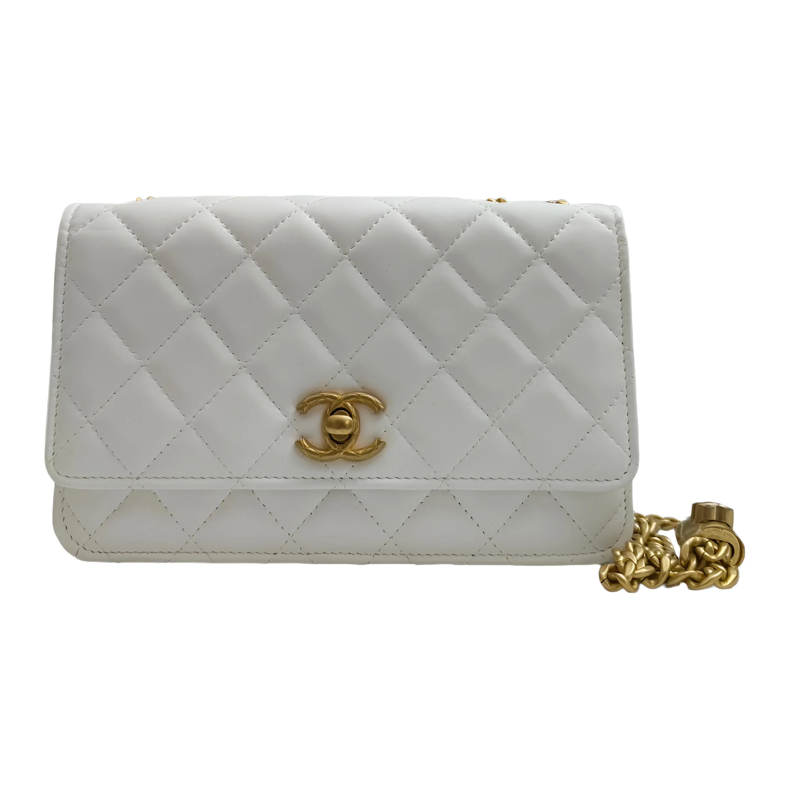 CHANEL WOC Small Gold Ball Chain Shoulder Quilted Lambskin Wallet Bag White