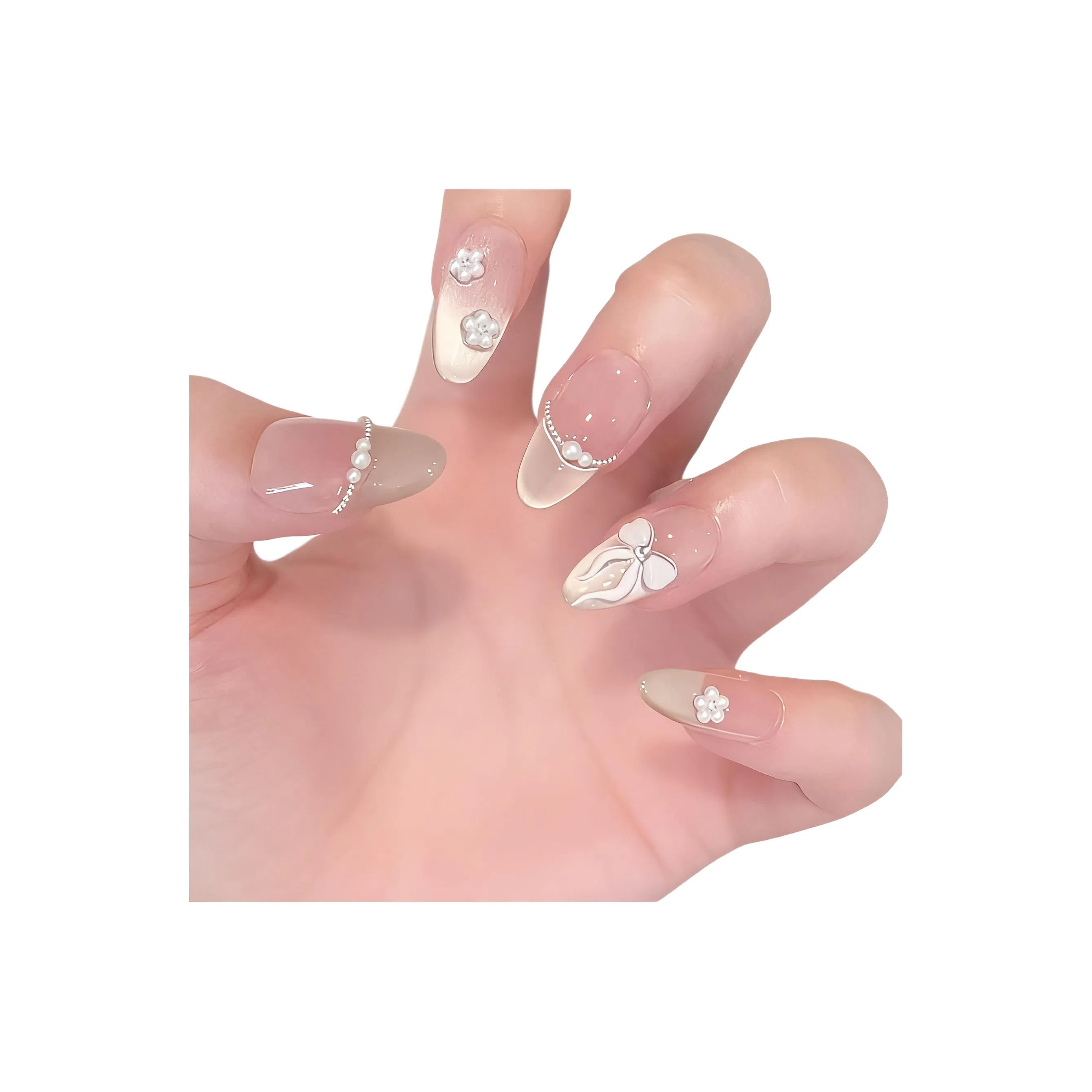 柚予颜 夏日少女奶油风美甲冰糯蝴蝶结法式穿戴甲  中长款裸色渐变 纯欲