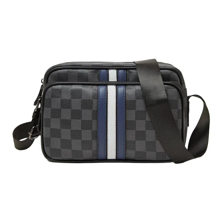 老人头 经典潮流百搭个性通勤格子蓝白条纹 合成革 单肩包 常规 男款 黑色