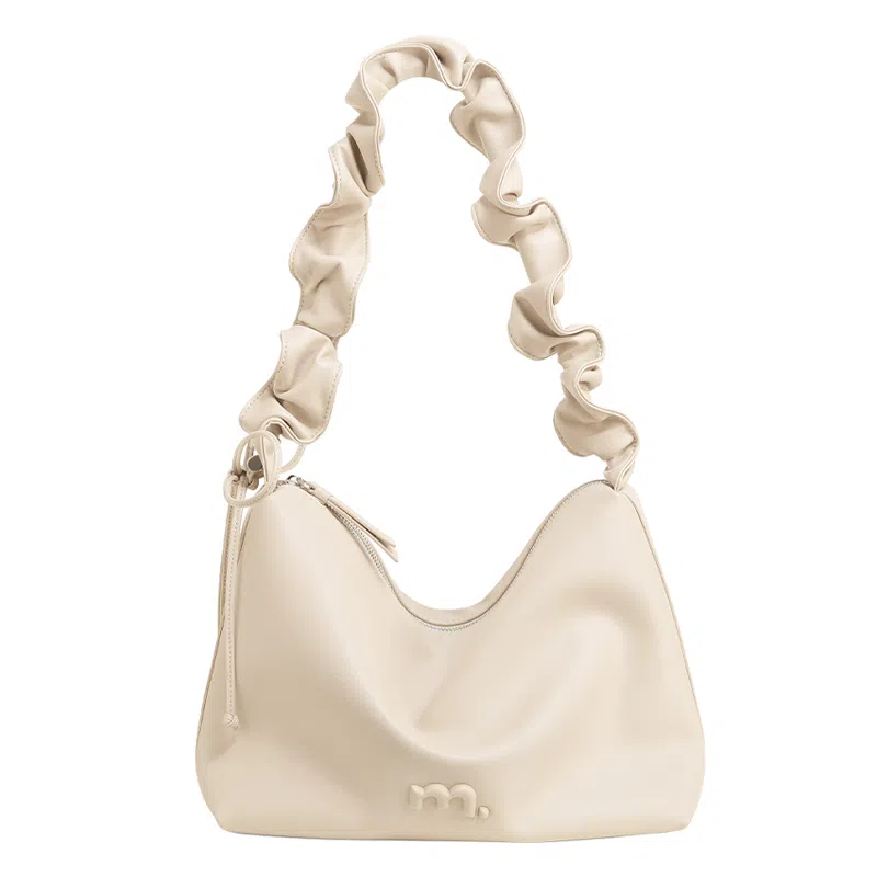 妙迪 早春轻便云朵托特包小众慵懒风抽绳褶皱软皮宽肩带通勤学院风腋下包 牛皮 手提单肩斜挎包 女款 香草奶油白