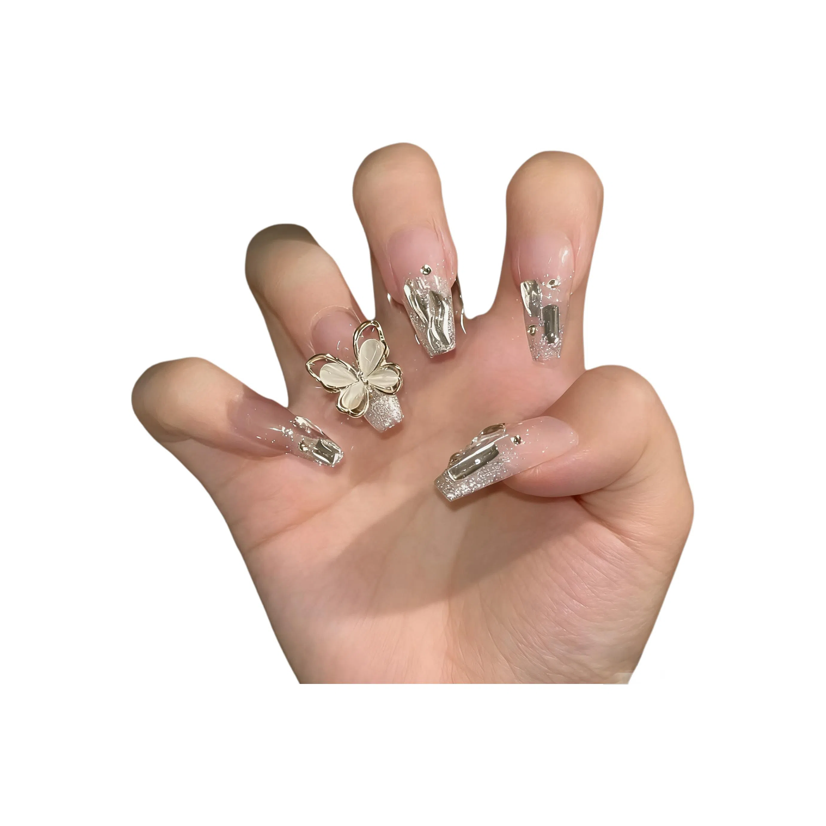 柚予颜 穿戴甲气质仙气大蝴蝶闪钻显白美甲  中长款裸色渐变 爆闪