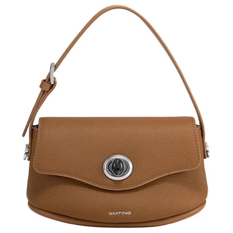 西木汀 枫糖 小众品牌设计复古百搭通勤高级感单肩包 头层牛皮 手提包 小号 女款 焦糖棕/大象灰