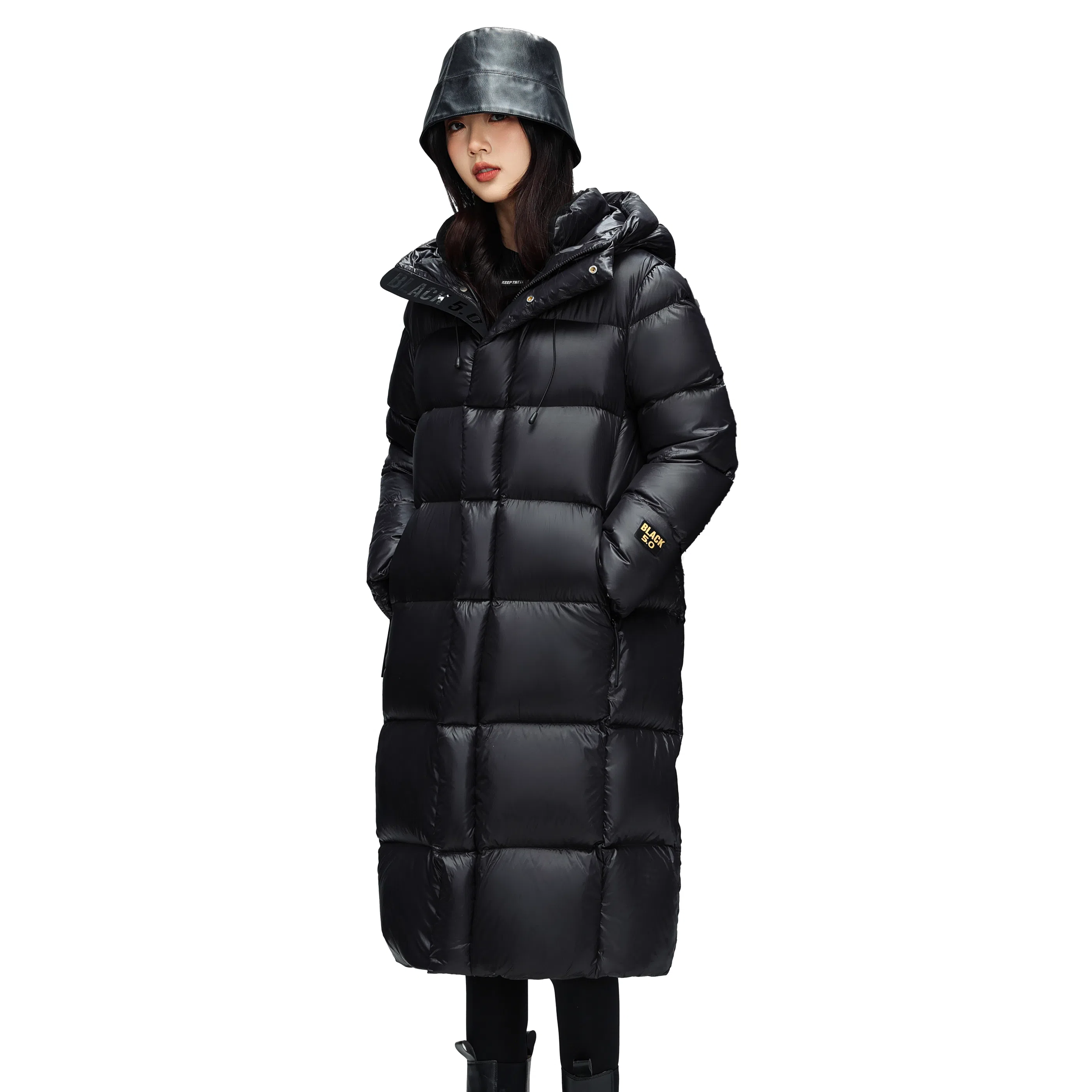 鸭鸭 黑金标奢金保暖加厚纯色过膝连帽防寒羽绒服 男女同款 黑色